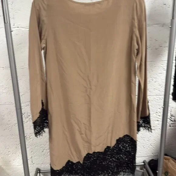 Falcon & Bloom Brown Silk Long Sleeve Dress with Lace - Size Medium - LIKE NEW